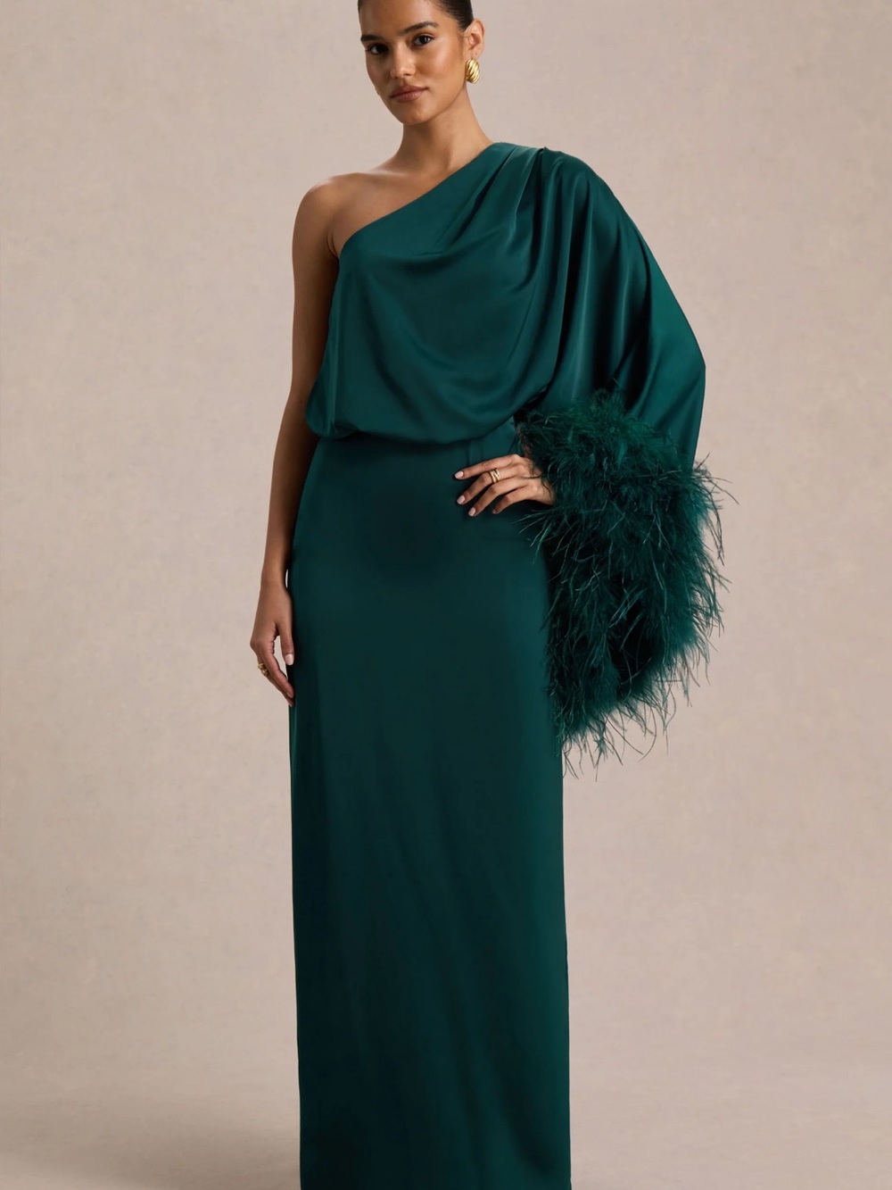 FELICITY | Teal Satin Asymmetric-Neck Maxi Dress With Feather Detailing